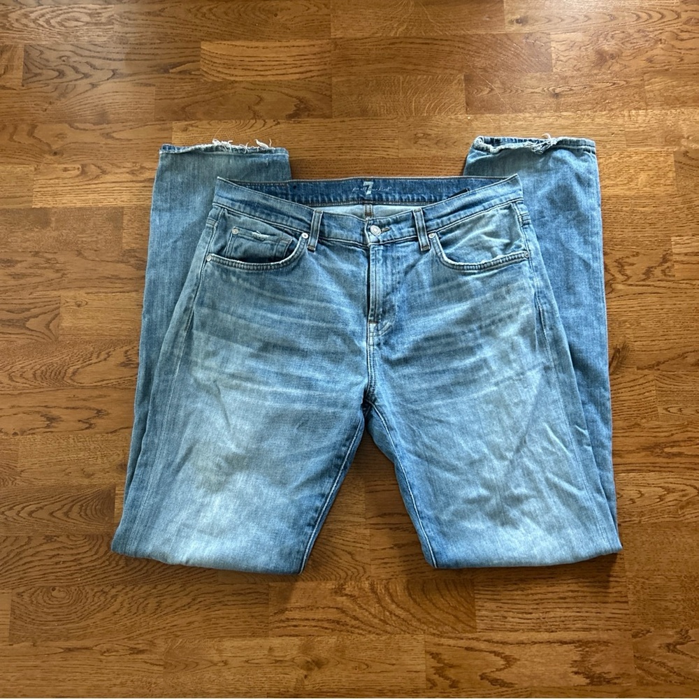 7 for All Mankind Jeans Denim 33 Blue Ripped Straight Light Medium Wash Men's